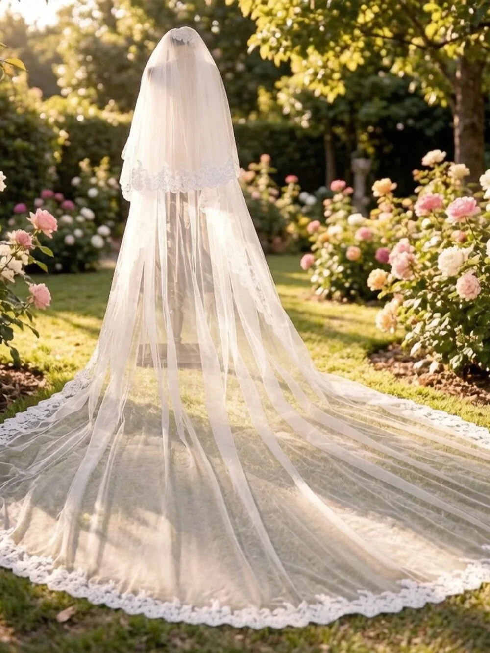 White Lace Applique Cathedral Veil 2 Tier Royal Length 138